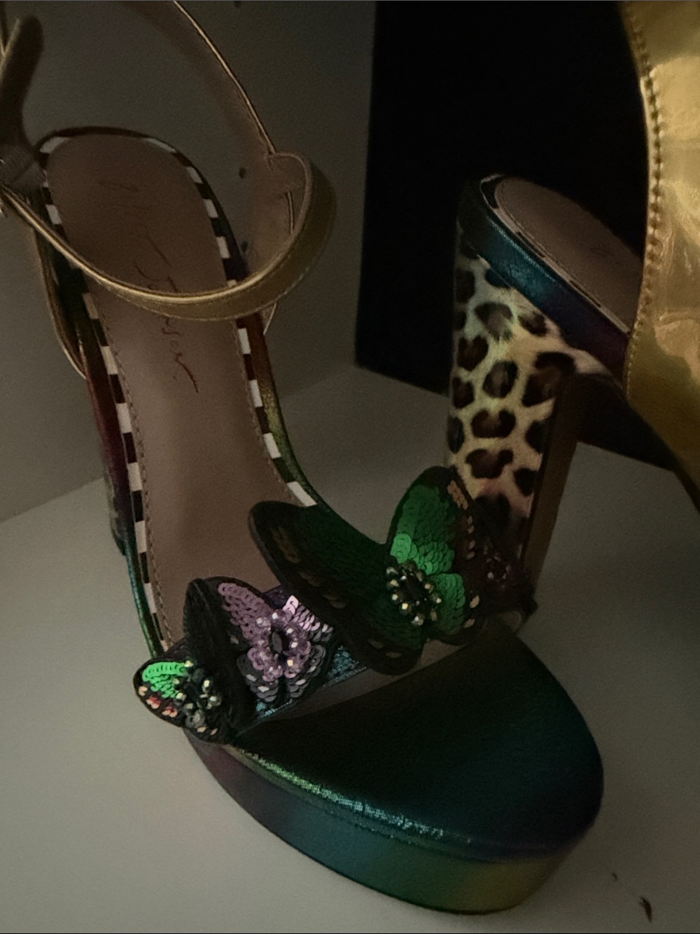 Betsey Johnson Multicolor Butterfly Platform Heels with Gold Ankle Straps - Picture 3 of 4